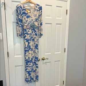 Maeve for Anthropologie Blue and Cream Midi Dress with Elegant Design
